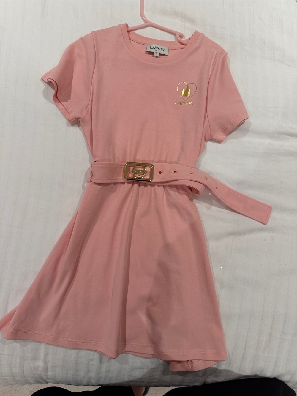 Lanvin Girls Pink Short-Sleeve Dress with Gold Buckle Belt